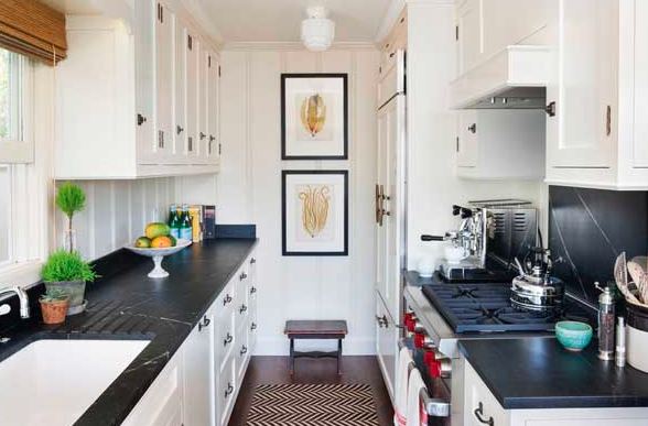 A Galley kitchen layout has two parallel countertops with a walkway in between them