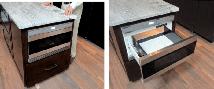 a microwave drawer saves countertop space in a gourmet kitchen