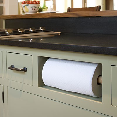 An integrated paper towel holder is convenient in a gourmet kitchen
