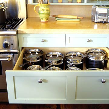 Deep drawers reduce clutter in a remodeled kitchen